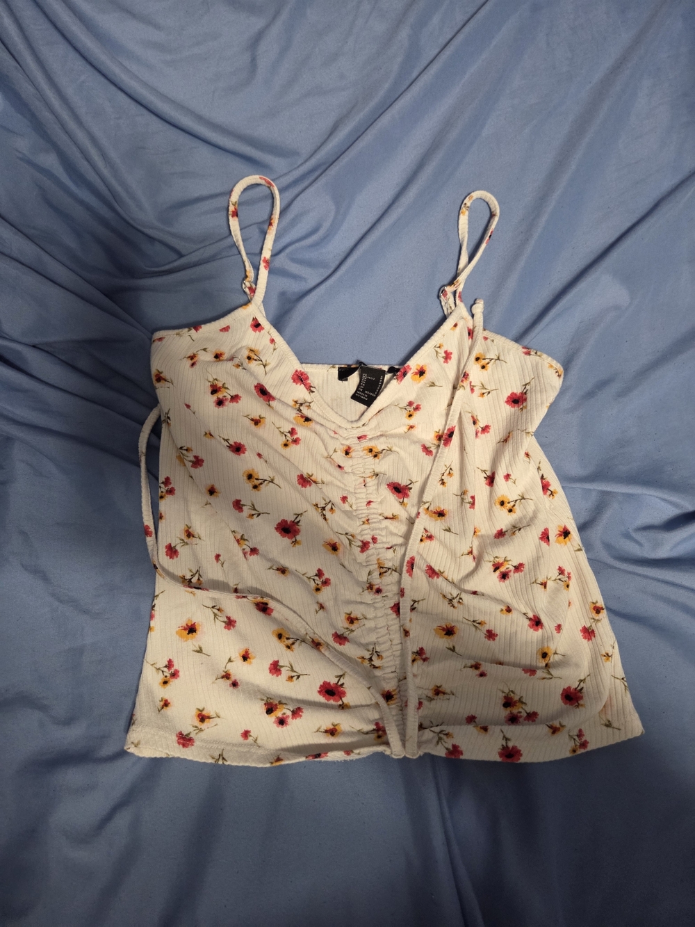 Forever 21 White Floral Ruched Tie-Front Cami with Pink & Yellow Flowers